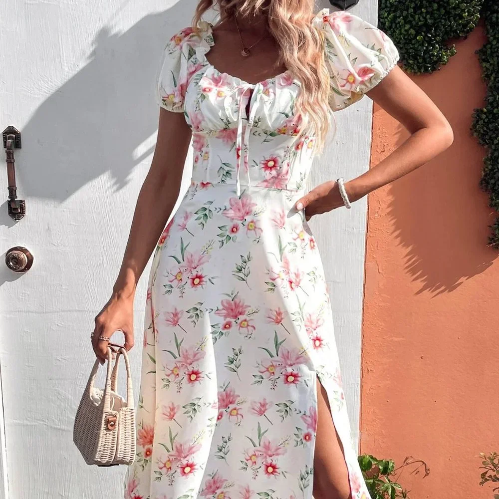Boho Floral Print Puff Sleeve Knot Front Split Thigh Dress - Picture 2 of 5